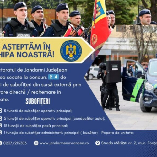 Inspectoratul de Jandarmi Județean Vrancea anunță concurs pentru 24 de posturi de subofițeri