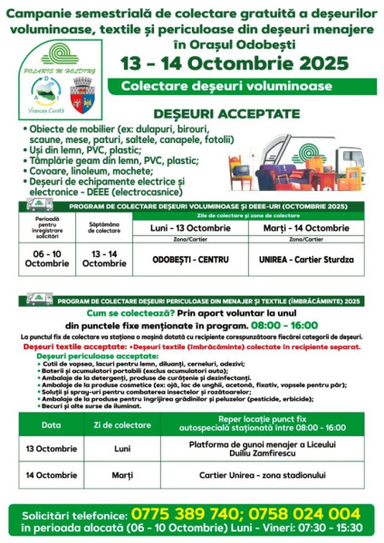 Campanie de colectare gratuită a deșeurilor în Odobești și Focșani