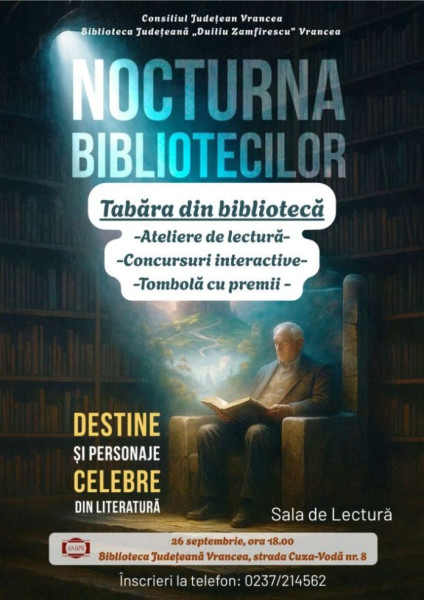 Consiliul Județean Vrancea organizează Nocturna bibliotecilor 2025 cu activități tematice culturale